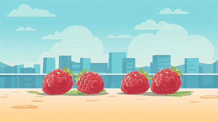 this vector illustration depicts a top view of a raspberry on a table, set against a single color background. the flat graphic style, light colors, and less detailed design give it a modern feel. the illustration is partially blue and white, and is perfect for use in a variety of design projects. , ai generatedの素材