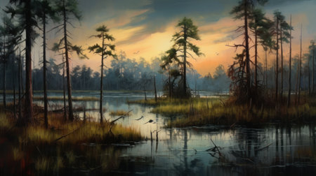 a serene view of a marsh in a lake, surrounded by tall pine trees. the calm waters reflect the beauty of nature. ai generatedの素材