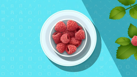 this vector illustration depicts a top view of a raspberry on a table, set against a single color background. the flat graphic style, light colors, and less detailed design give it a modern feel. the illustration is partially blue and white, and is perfect for use in a variety of design projects. created with greece's hot weather and sunny days in mind. ai generatedの素材