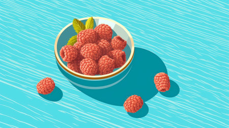 this vector illustration depicts a top view of a raspberry on a table, set against a single color background. the flat graphic style, light colors, and less detailed design give it a modern feel. the illustration is partially blue and white, and is perfect for use in a variety of projects. ai generatedの素材