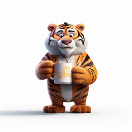 a hyper-realistic digital art piece featuring a tiger holding a hot coffee mug and engaging in conversation with people. the white background and unreal engine style give it a surreal feel. ai generatedの素材
