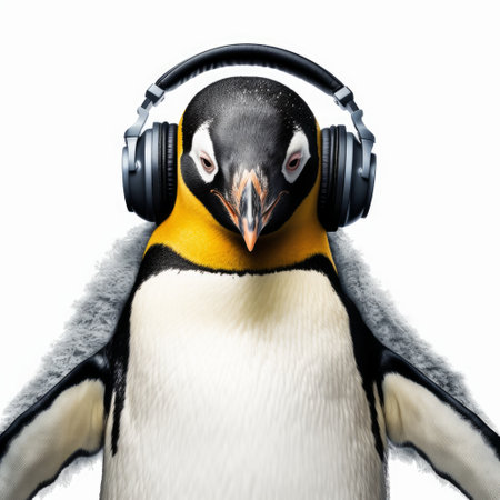 a penguin dressed as a dj is shown on a white background. the penguin is wearing headphones and appears to be mixing music. ai generatedの素材