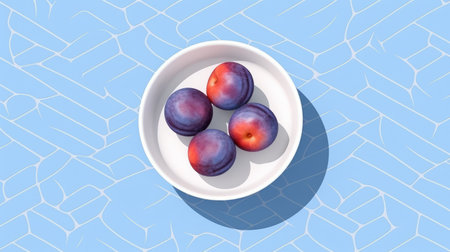 this flat graphic style illustration depicts a single plum on a table, with a top view and a partially blue and white background. the design is modern and less detailed, with light colors and a single color background. created in greece on a sunny day with hot weather. ai generatedの素材
