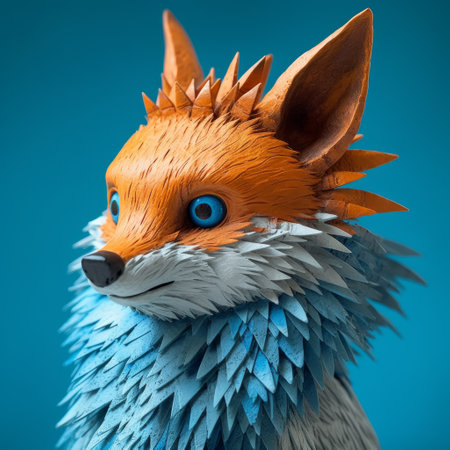 this fox figurine features blue feathers and eyes painted on its head, and is designed in the style of evgeni gordiets, clemens ascher, didier lourenco, concrete, inventive character designs, and spiky mounds. the close-up view highlights the intricate details of the piece. ai generatedの素材