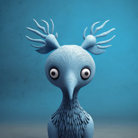 this deer figurine features blue feathers and painted eyes on its head, inspired by the styles of evgeni gordiets, clemens ascher, didier lourenco, concrete, inventive character designs, and spiky mounds. the close-up view highlights the intricate details of the piece. ai generatedの素材