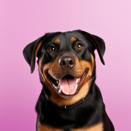a rottweiler breed dog with a happy expression is captured on a solid color background. the dog's cheerful demeanor is sure to bring a smile to anyone's face. ai generatedの素材