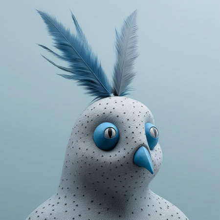 this rabbit figurine features blue feathers and eyes painted on its head, and is inspired by the styles of evgeni gordiets, clemens ascher, didier lourenco, concrete, inventive character designs, and spiky mounds. the close-up view showcases the intricate details of the piece. ai generatedの素材