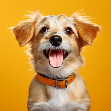 this adorable puppy breed dog has a cheerful expression that will brighten up your day. the solid color background makes the dog stand out even more. ai generatedの素材