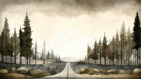 this is a stunning full-page illustration of a beautiful road created by the talented artist jon klassen. the artwork is incredibly detailed and captures the essence of a peaceful countryside road. ai generatedの素材