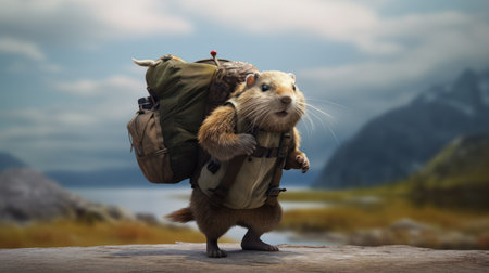 this photo-realistic image depicts a muskrat carrying backpacks on its back. the style is reminiscent of matte painting, with a white and amber color scheme. the muskrat has animated expressions and is dressed in detailed costumes. the image is in 32k uhd resolution and has a villagecore vibe. ai generatedの素材