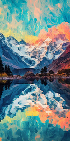 experience the vibrant and distorted nanga parbat in a psychedelic smudge of cold bluish colors taken from an opaque and non-reflective pond. the high-quality image allows you to appreciate the psychedelic swirl of colors. ai generatedの素材