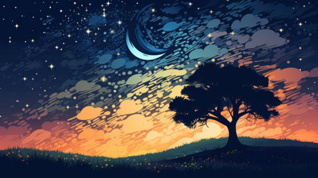 under the light of the full moon, the stars twinkle like diamonds in the sky, illuminating the trees below. the flat color of the night sky creates a serene and peaceful atmosphere. ai generatedの素材