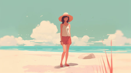 this poster features a minimalist drawing by james gilleard of a cute emily on a beach with a white background. the simplicity of the design adds to its charm and makes it a great addition to any room. ai generatedの素材