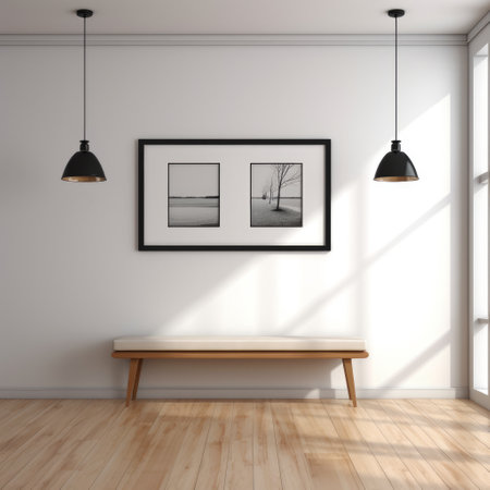 a simple and elegant bench portrait picture frame hangs on a blank white wall, creating a minimalist and modern aesthetic. ai generatedの素材
