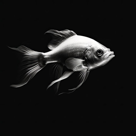 this artwork showcases fish in black and white using minimalist strokes and bold saturation. the artist is an innovator in the realm of realism, achieving lifelike accuracy in their framing and abstract minimalism. they are also an appreciator of hyper-realistic atmospheres and rim light. ai generatedの素材