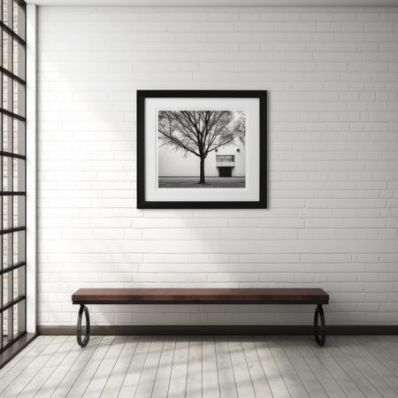 a simple and elegant bench portrait picture frame hangs on a blank white wall, creating a minimalist aesthetic. the lack of other objects around the frame draws attention to the beauty of the picture within. ai generatedの素材