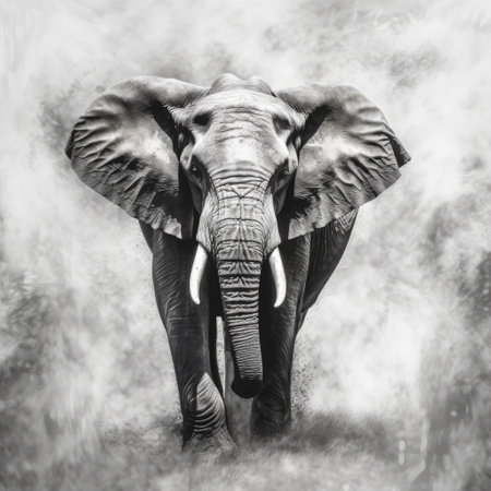 this artwork features an elephant depicted in a minimalist black and white style, with bold saturation and lifelike accuracy. the artist is an innovator in this style, while also appreciating abstract minimalism and hyper-realistic atmospheres. the use of framing and rim light adds to the overall effect. ai generatedの素材