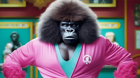 watch these gorillas rock their large perm haircuts while doing aerobics in 80's track suits. you won't believe your eyes!, ai generatedの素材