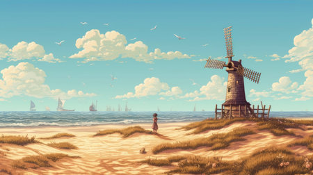 this pixel art depicts a stunning dune with a majestic windmill in the distance, created in the style of the san francisco renaissance. the artwork boasts 32k uhd resolution and features realist detail, detailed marine views, and an exotic feel. the piece is inspired by the works of hirohiko araki and simeon solomon. ai generatedの素材