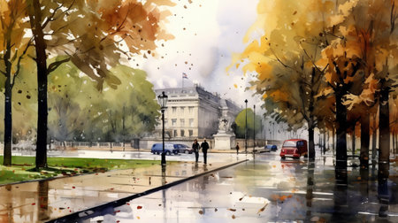 this high-detail watercolor painting depicts hyde park in stunning detail against a light background. the artist has captured the beauty of the park with intricate brushstrokes and vivid colors. ai generatedの素材