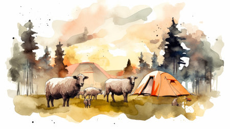 this vector graphic depicts a charming watercolor illustration of a sheep standing in front of a campsite. the image is rendered in a contour style, adding a unique touch to the design. ai generatedの素材