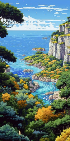 experience the beauty of provence valley through pixel art in the style of san francisco renaissance. the artwork boasts 32k uhd resolution and realist detail, inspired by the works of hirohiko araki and simeon solomon. the piece also features detailed views of the barents sea, making it truly exotic. ai generatedの素材