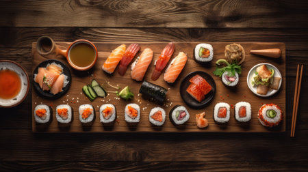 indulge in the beauty of sushi on a wooden table with this top view shot. the vibrant colors and intricate details of the sushi rolls are sure to make your mouth water. ai generatedの素材