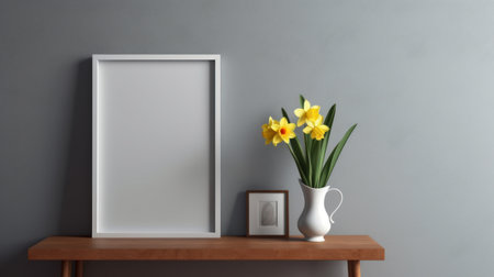 a simple yet elegant wall decor idea featuring a blank wooden frame mounted on a gray wall with a single daffodil in front. the natural lighting adds a touch of warmth to the scene. ai generatedの素材