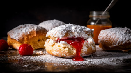 enjoy the caramelized sweetness of these beautifully backlit scones with a delicate dusting of powdered sugar. ai generatedの素材