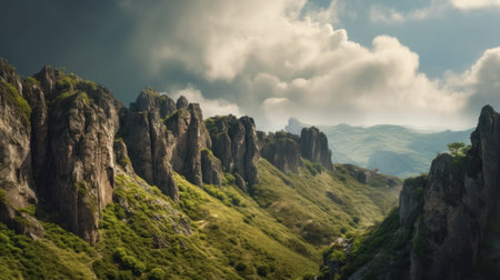 experience the breathtaking beauty of mountain cliffs through our stunning landscape photography collection, perfect for backgrounds. our high-quality images capture the essence of nature's majesty and will transport you to a world of wonder and awe. ai generatedの素材