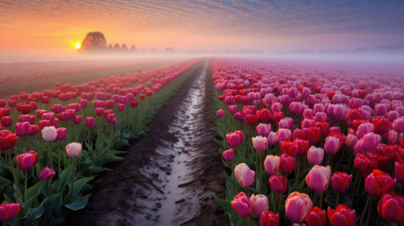 experience the tranquility of a morning stroll through the vibrant tulip fields of provence. the colorful blooms and fresh air will invigorate your senses and leave you feeling rejuvenated. ai generatedの素材