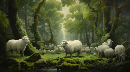 experience the beauty of nature as you witness sheep rutting in a lush forest. the peaceful surroundings and the sound of nature will leave you mesmerized. ai generatedの素材