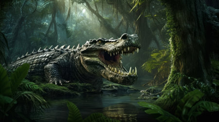 experience the thrill of witnessing crocodile rutting in their natural habitat. the lush forest provides the perfect backdrop for this incredible display of nature's power. ai generatedの素材