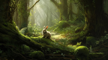 experience the beauty of nature as you witness a rabbit rutting in a lush forest. watch as the rabbit hops around, enjoying the greenery and fresh air. ai generatedの素材