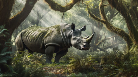 witness the majestic rhinoceros rutting in its natural habitat, surrounded by lush greenery and towering trees. ai generatedの素材