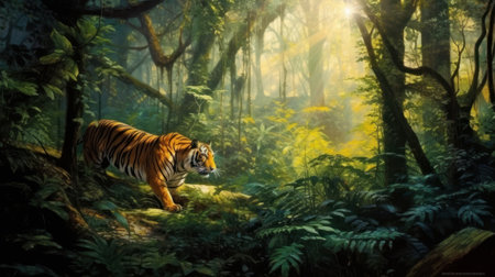 experience the thrill of witnessing a tiger rutting in its natural habitat. immerse yourself in the beauty of a lush forest as you observe this magnificent creature in action. ai generatedの素材