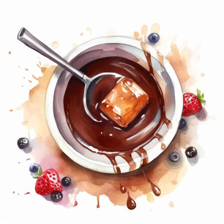 a top view of chocolate fondue with a chocolate glaze on a white background, depicted in a beautiful watercolor style. ai generatedの素材