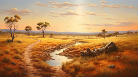 this painting captures the beauty of australia's vast grasslands, showcasing the unique flora and fauna that thrive in this ecosystem. the artist's use of color and texture brings the landscape to life, making it a stunning addition to any collection. ai generatedの素材