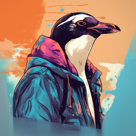 a half-length portrait of a cartoon penguin wearing street wear in azuki nft style. the penguin is shown in profile, with a pure and light background. ai generatedの素材