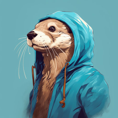 a half-length portrait of an otter wearing street wear in azuki nft style. the otter is shown in a side face pure profile, with a cartoon-like appearance against a light background. ai generatedの素材