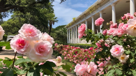 experience the beauty of the hibiscus garden, located 1000 meters away, on a sunny day. admire the full bloom of pink and white roses. ai generatedの素材