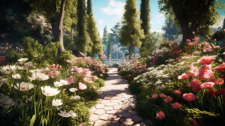 enjoy a sunny day with a visit to the lily garden, located 1000 meters away. admire the beautiful pink and white roses in full bloom. ai generatedの素材