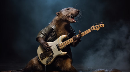 annie leibovitz captures an otter dressed as a rock musician playing bass guitar on stage in a stunning photoshoot. the otter's outfit and pose are reminiscent of famous rockstars, making for a unique and entertaining image. ai generatedの素材