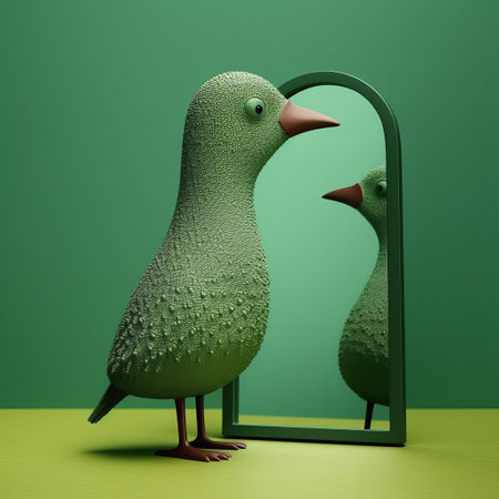 this is a close-up shot of a green bird figurine mirror with painted eyes on its head. the figurine is made in the style of various artists such as evgeni gordiets, clemens ascher, didier lourenco, concrete, inventive character designs, and spiky mounds. ai generatedの素材