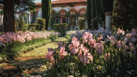 enjoy a sunny day by visiting the iris garden, located 1000 meters away. admire the beautiful pink and white roses in full bloom. ai generatedの素材
