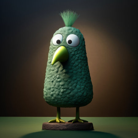 this close-up shot showcases a lantern of a green bird figurine with painted eyes on its head. the design is inspired by the works of evgeni gordiets, clemens ascher, didier lourenco, concrete, inventive character designs, and spiky mounds. ai generatedの素材