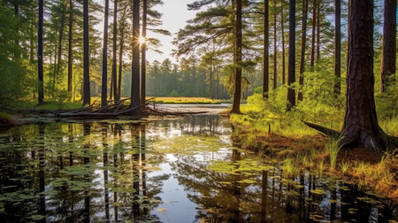 a serene view of a swampy lake surrounded by tall pine trees. the calm water reflects the greenery of the trees, creating a peaceful atmosphere. ai generatedの素材