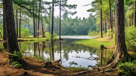 a picturesque view of a serene wetland in a lake, framed by tall pine trees. the tranquil scene is a perfect escape from the hustle and bustle of city life. ai generatedの素材