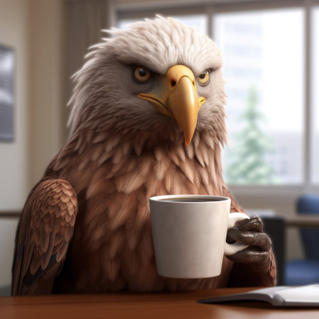a hyper-realistic 3d rendering of an eagle holding a hot coffee mug and having a conversation with people on a white background. the style is inspired by unreal engine, sketchfab, and hyper-realistic oil paintings. ai generatedの素材
