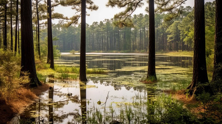 a serene view of a wetland in a lake, surrounded by tall pine trees. the calm waters reflect the beauty of the natural surroundings. ai generatedの素材